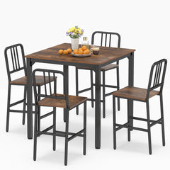 Counter Height Dining Table Set for 4 Kitchen Bar Table and Chairs Set with Faux Marble Surface-Rustic Brown