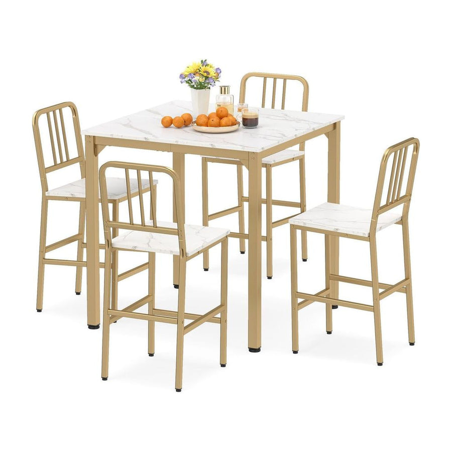 Counter Height Dining Table Set for 4 Kitchen Bar Table and Chairs Set with Faux Marble Surface-White