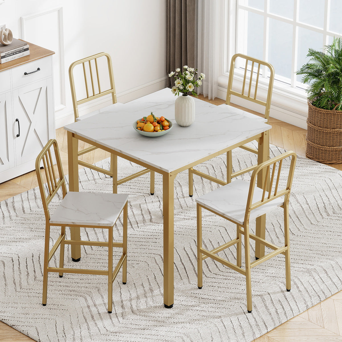 Counter Height Dining Table Set for 4 Kitchen Bar Table and Chairs Set with Faux Marble Surface-White