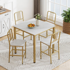 Counter Height Dining Table Set for 4 Kitchen Bar Table and Chairs Set with Faux Marble Surface-White