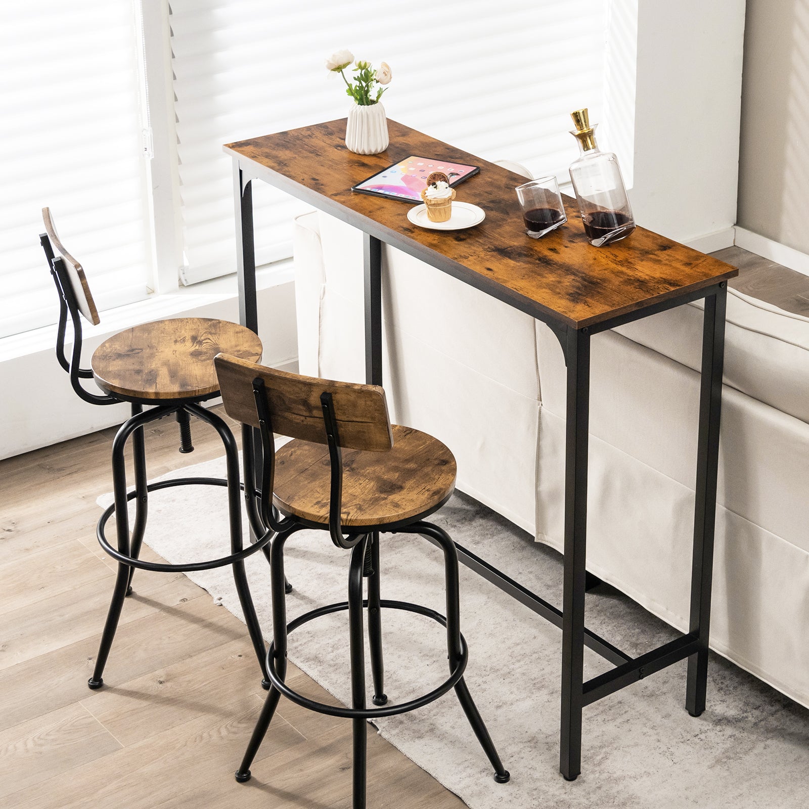 Counter Height Bar Table with Steel Frame and Footrest-Rustic Brown