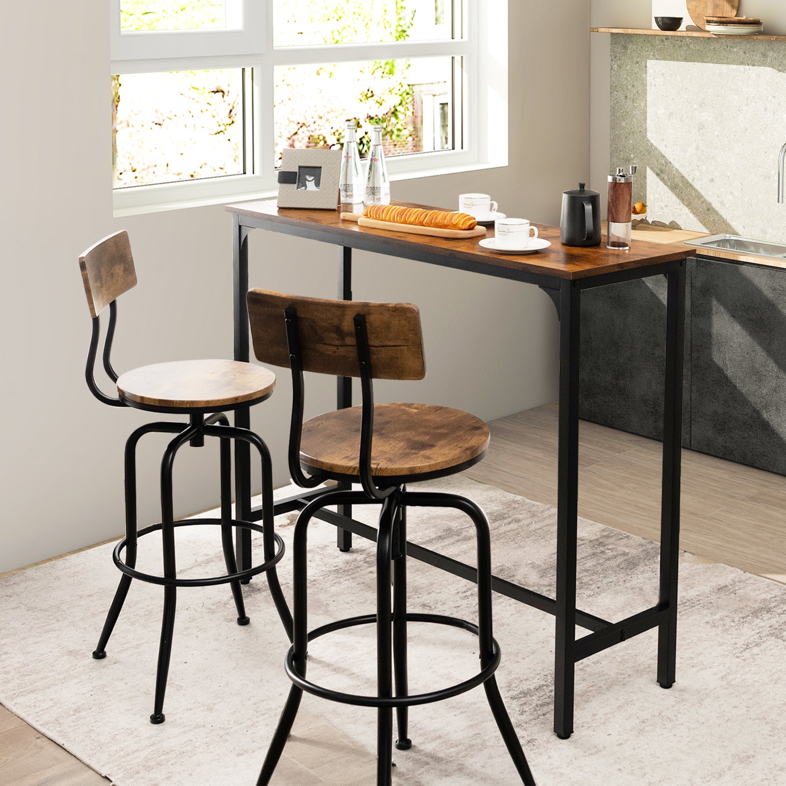 Counter Height Bar Table with Steel Frame and Footrest-Rustic Brown