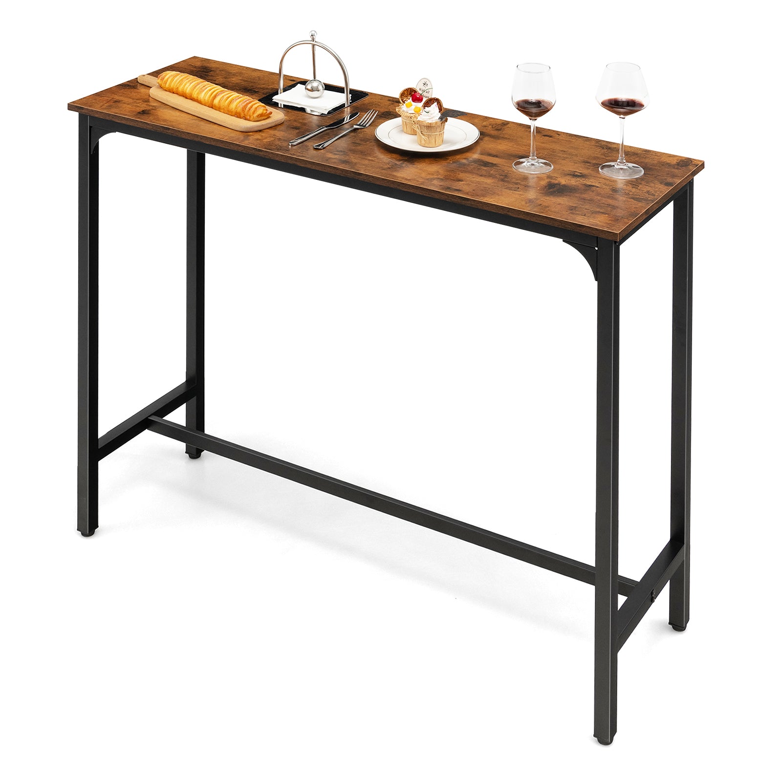 Counter Height Bar Table with Steel Frame and Footrest-Rustic Brown