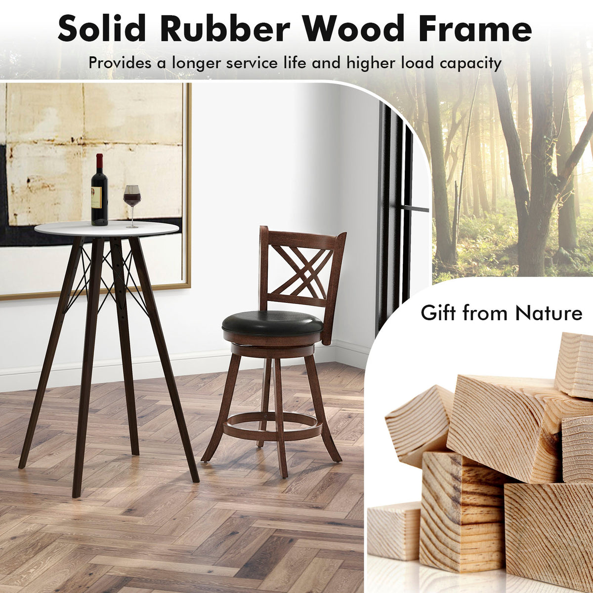 Upholstered Counter Height Barstools with PU Surface and Rubber Wood Frame-24 Inches