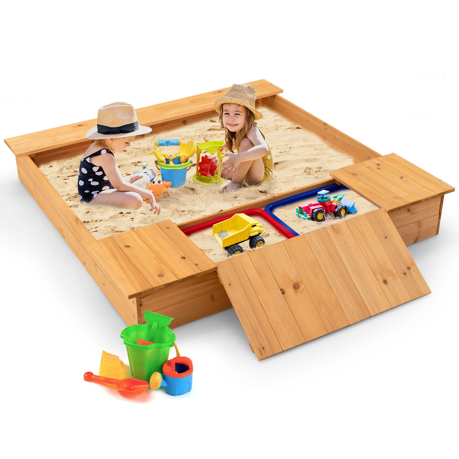 Covered Wooden Kids Sandbox with 2 Storage Boxes and Bottomless Design