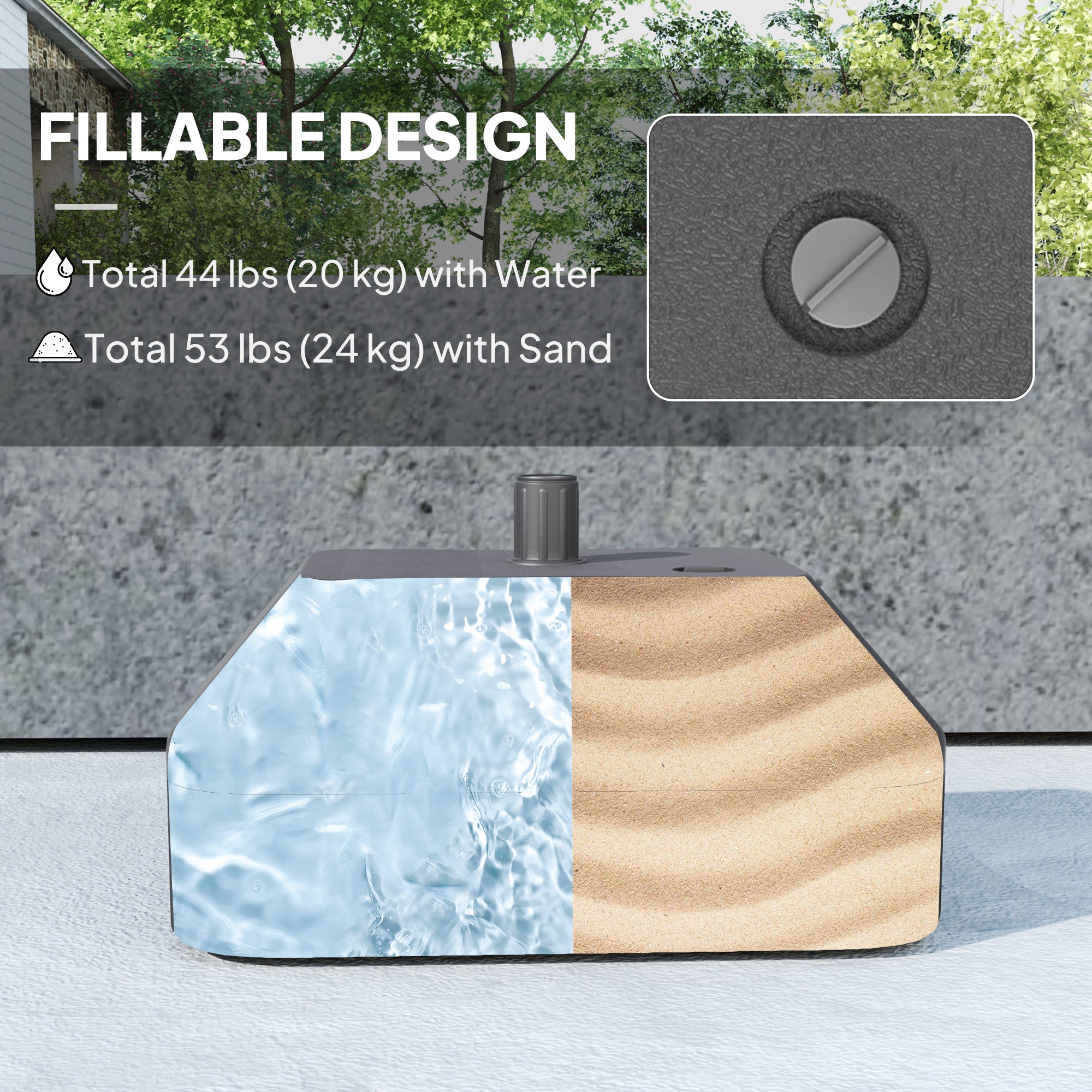 Outsunny Fillable Garden Parasol Base, Heavy Duty Parasol Base Stand Outdoor Umbrella Stand, Filled Up to 24kg with Sand or 20kg with Water, Sun Umbrella Base for 38 mm Poles, Black