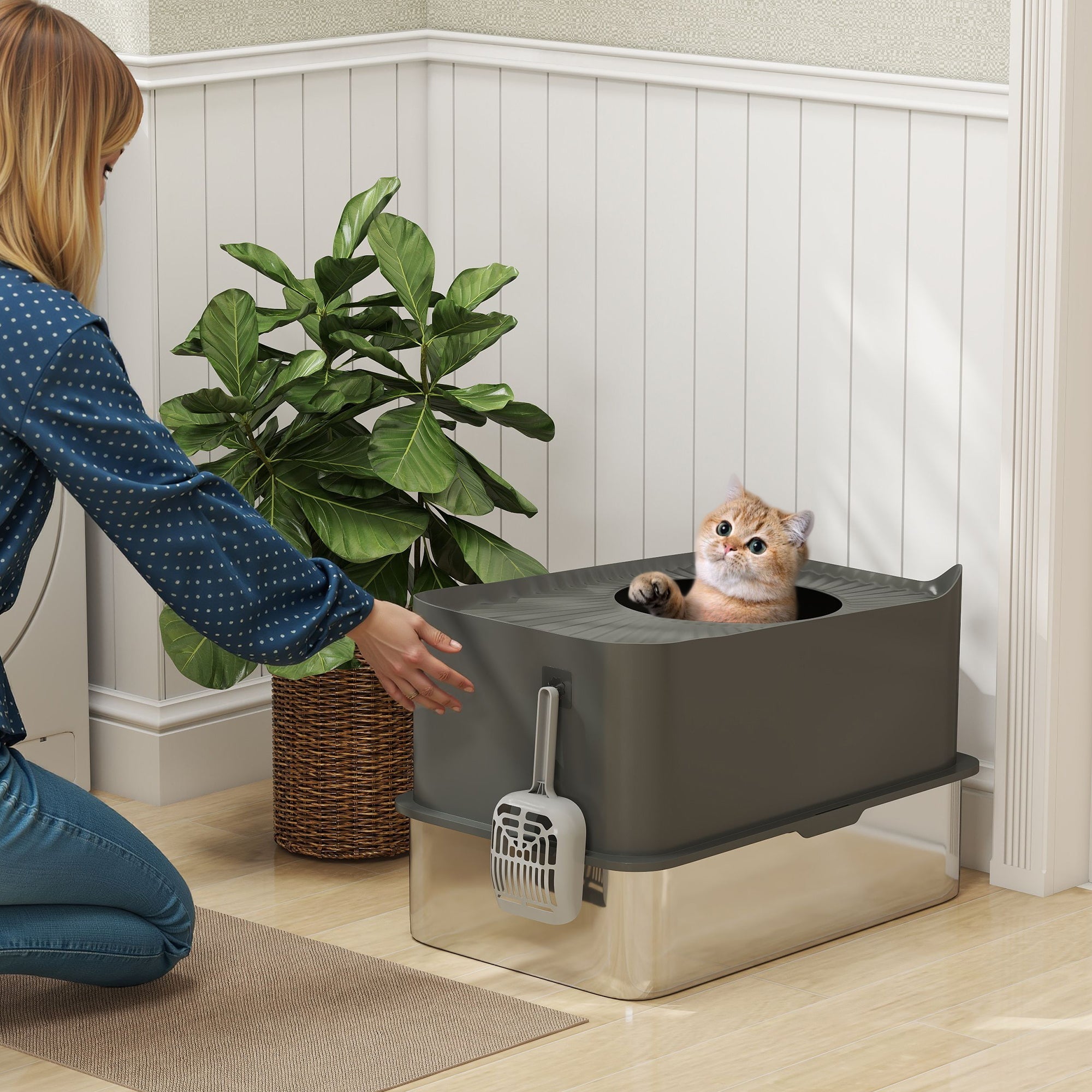 PawHut Stainless Steel Cat Litter Tray, Extra Large Enclosed Litter Box with Scoop, Top Entrance, Non-slip Pads, Dark Grey