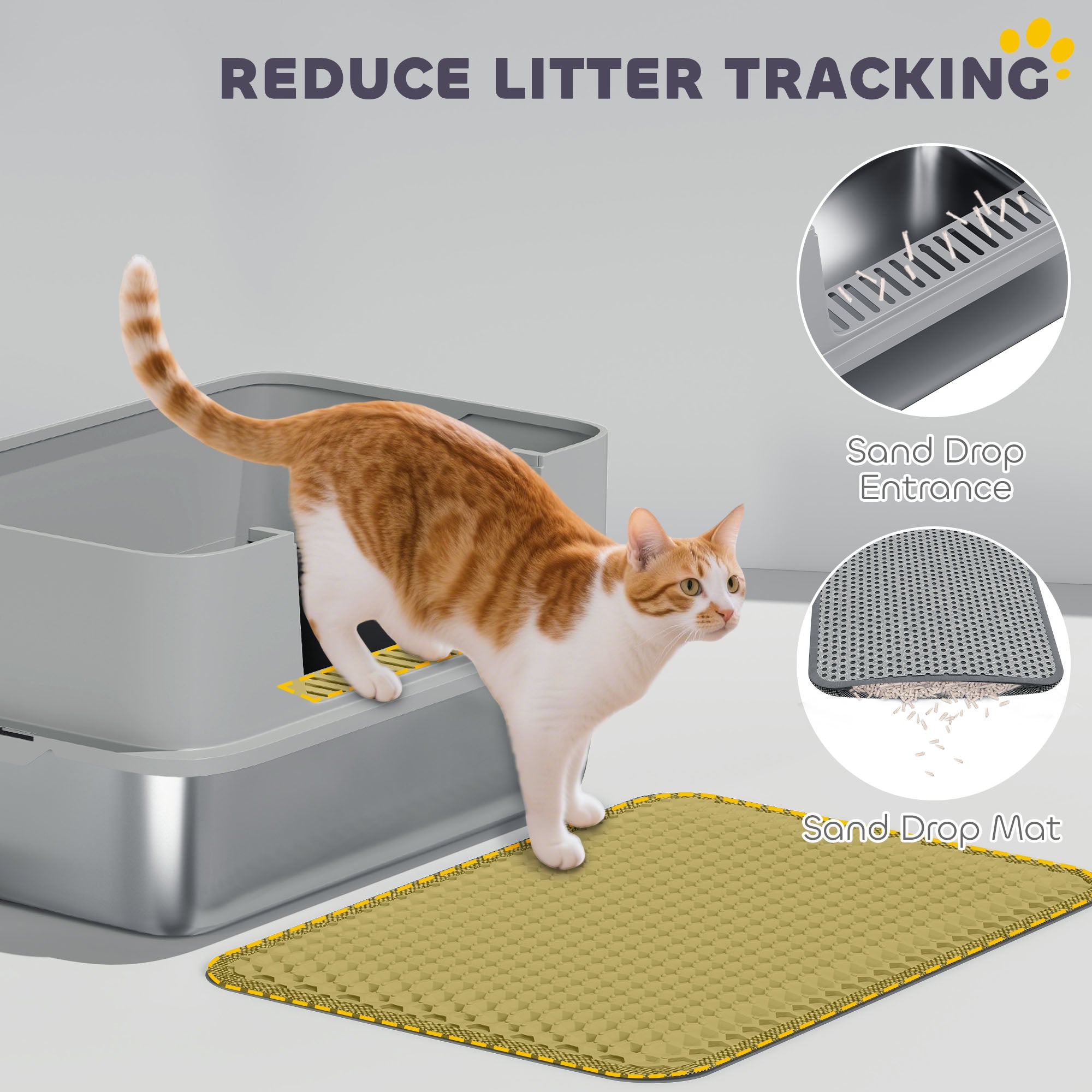 PawHut High Sided Stainless Steel Litter Box, Metal Cat Litter Tray with Metal Scoop, Litter Mat, Never Absorbs Odors, Grey