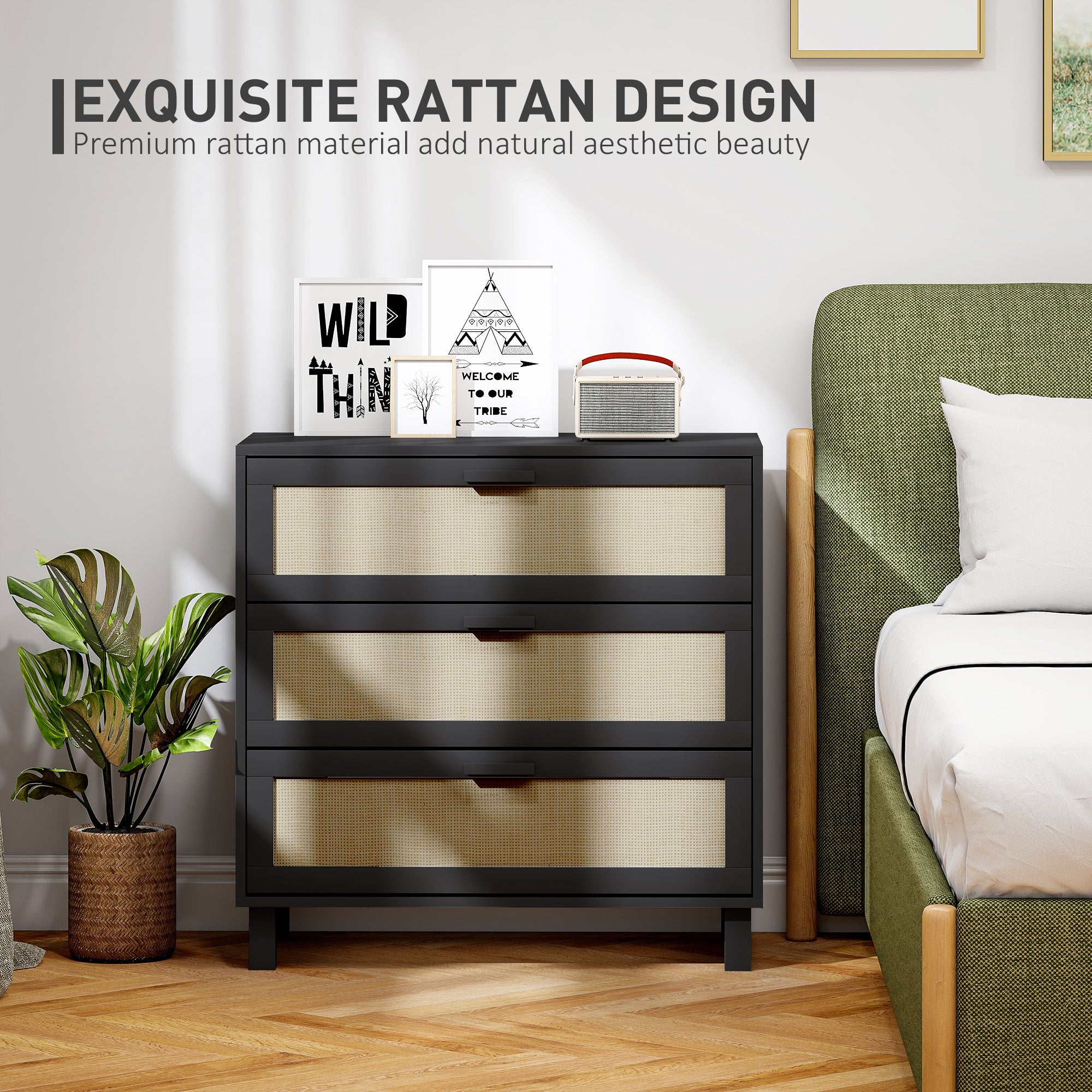 HOMCOM Rattan Bedroom Chest of Drawers, 3 Drawers Storage Unit, Boho Dresser for Living Room, Hallway, Black