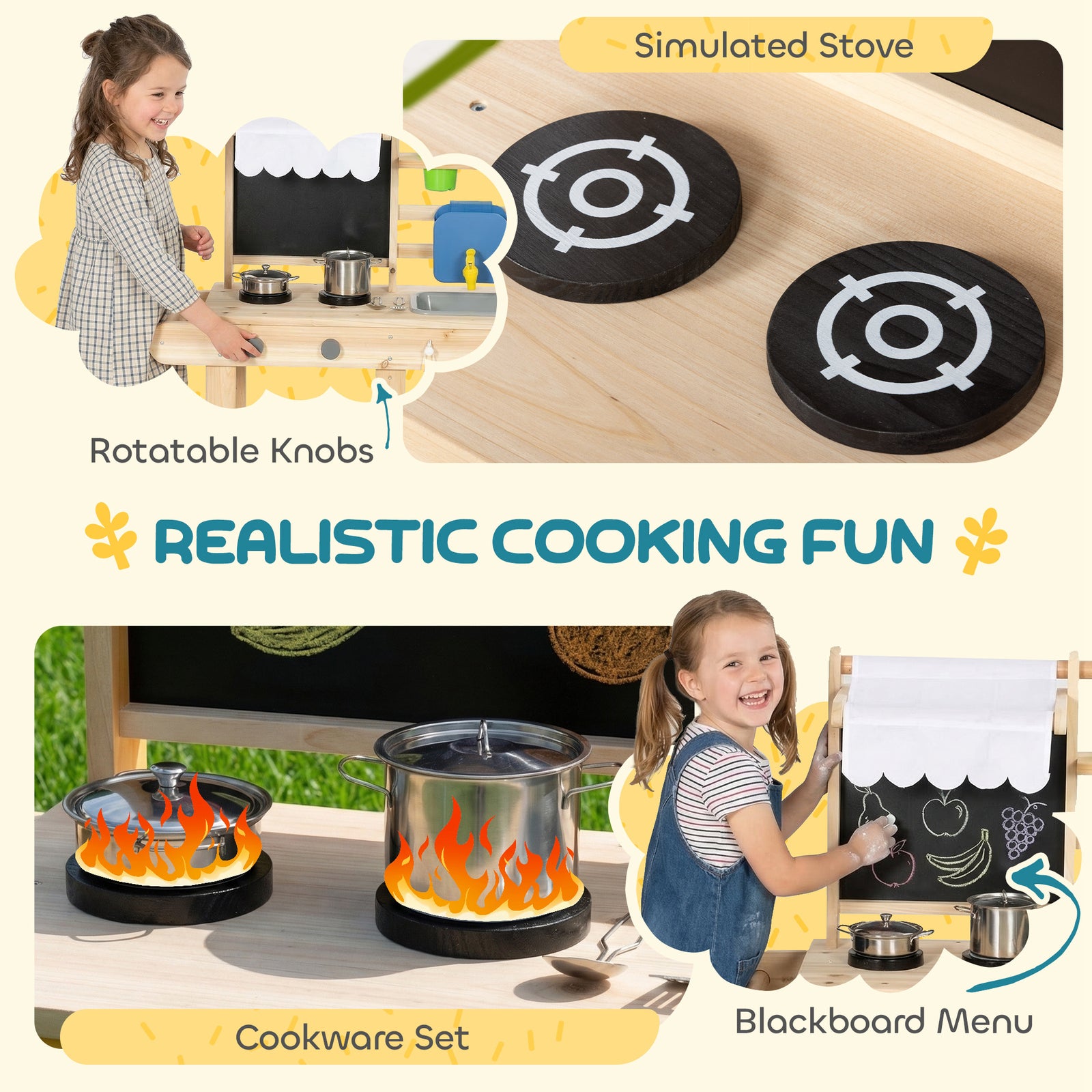 AIYAPLAY Mud Kitchen with Real Water Faucet Pretend Play Kitchen Playset with Sink and Storage Natural Wood