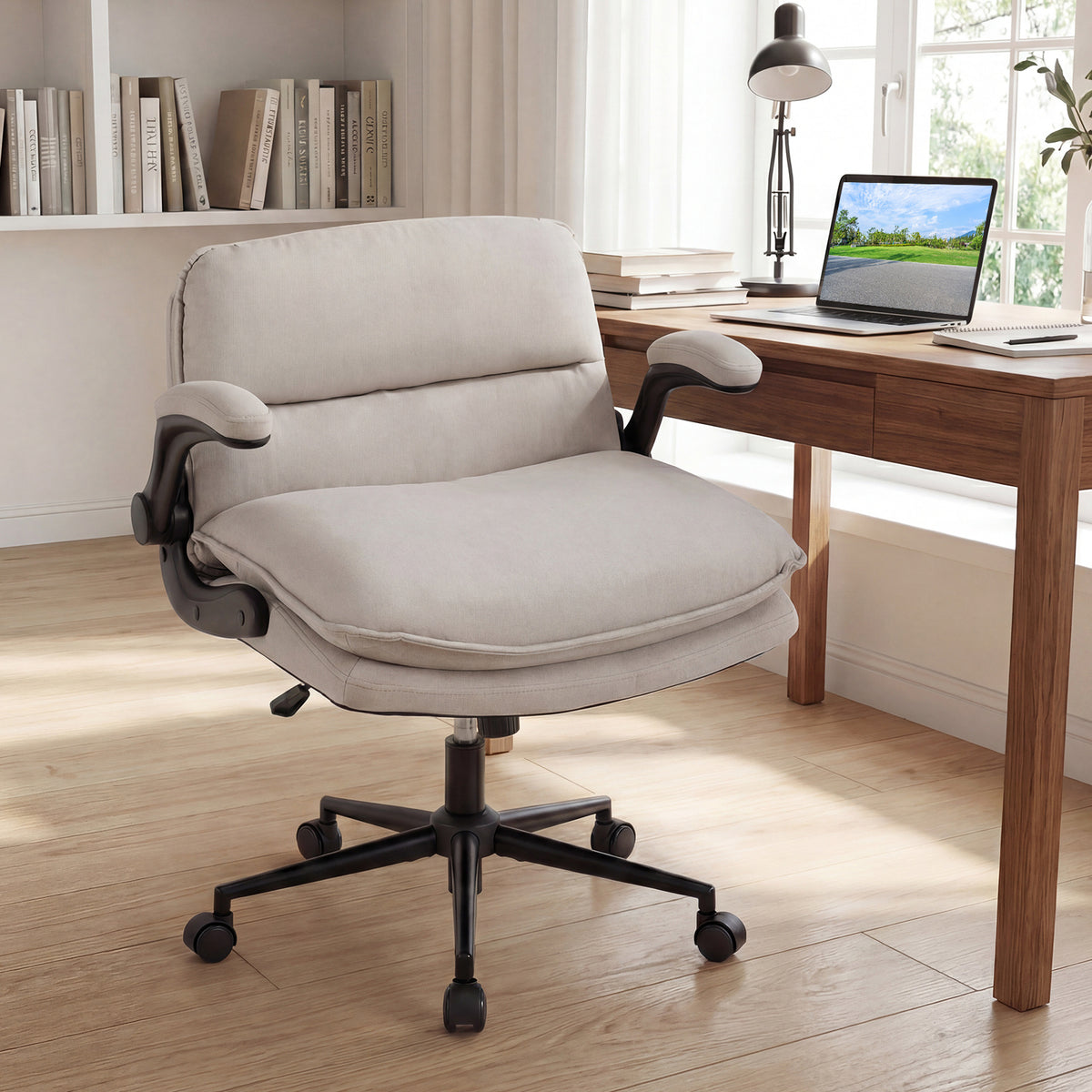 Criss Cross Chair on Wheels with Flip-up Arms Adjustable Height and Wide Backrest-Beige