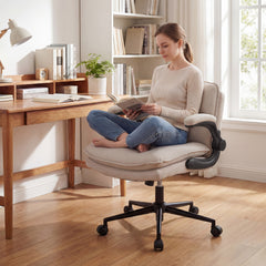 Criss Cross Chair on Wheels with Flip-up Arms Adjustable Height and Wide Backrest-Beige