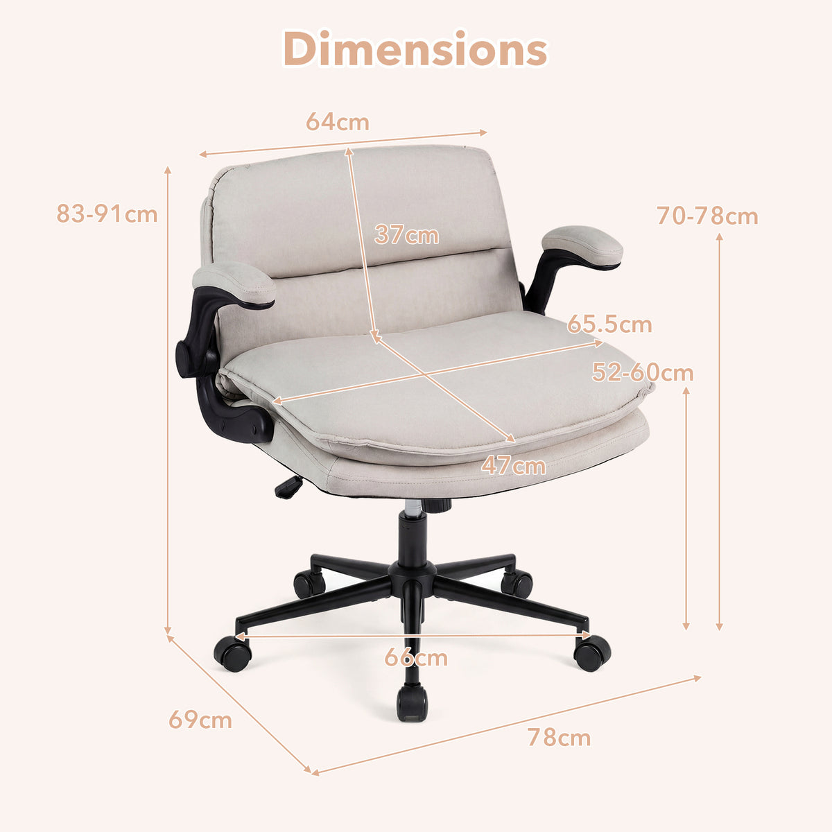 Criss Cross Chair on Wheels with Flip-up Arms Adjustable Height and Wide Backrest-Beige