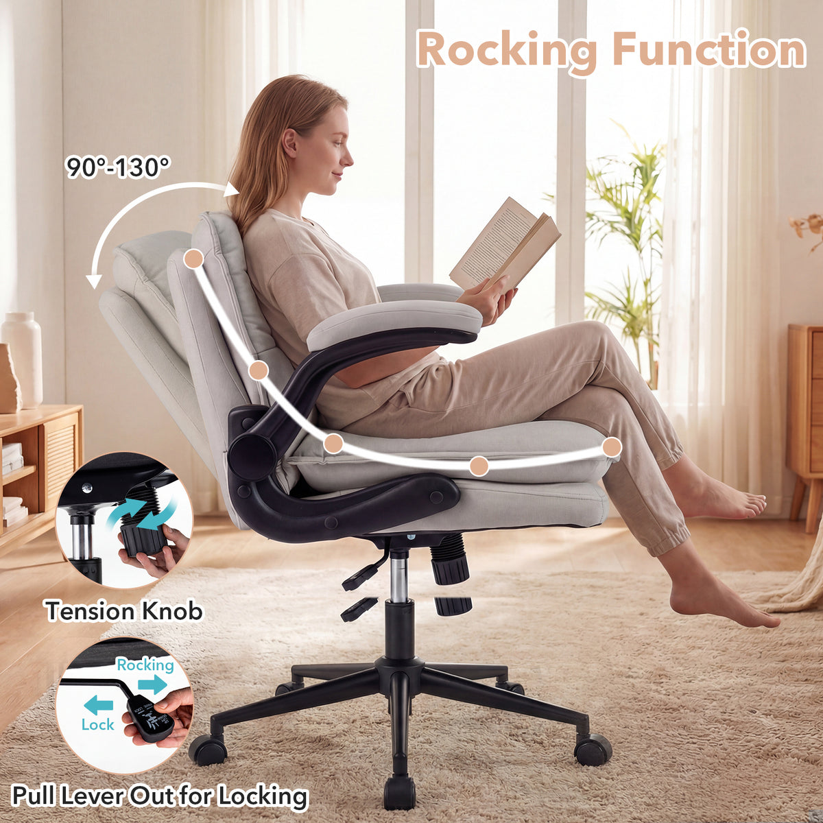 Criss Cross Chair on Wheels with Flip-up Arms Adjustable Height and Wide Backrest-Beige