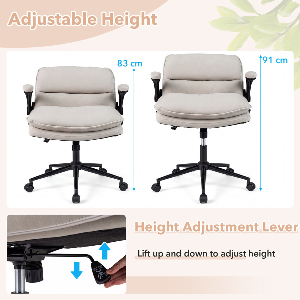 Criss Cross Chair on Wheels with Flip-up Arms Adjustable Height and Wide Backrest-Beige