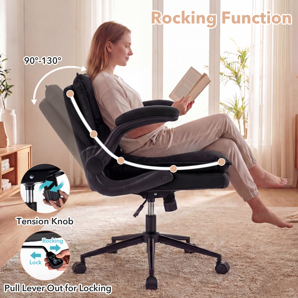 Criss Cross Chair on Wheels with Flip-up Arms Adjustable Height and Wide Backrest-Black and Grey