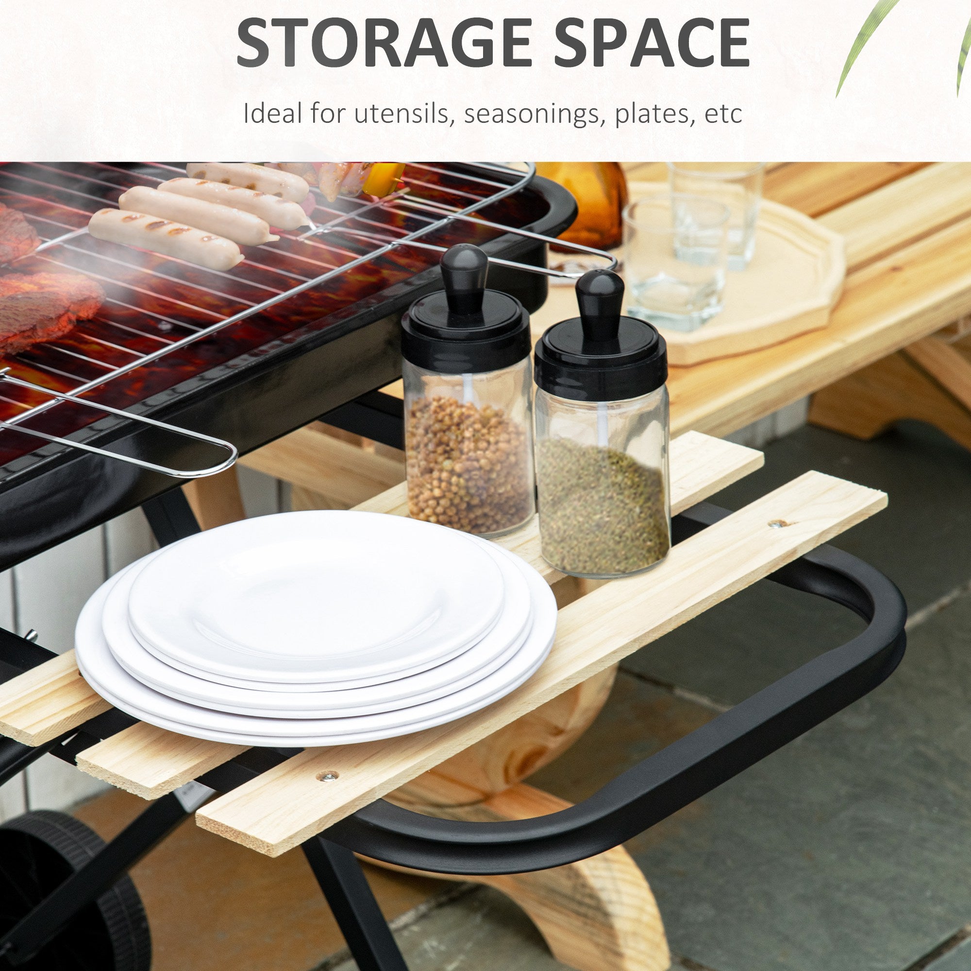 Outsunny Charcoal Trolley BBQ Barbecue Grill Patio Camping Picnic Garden Party Outdoor Cooking with Windshield and Wheels Side Trays, Black/Red