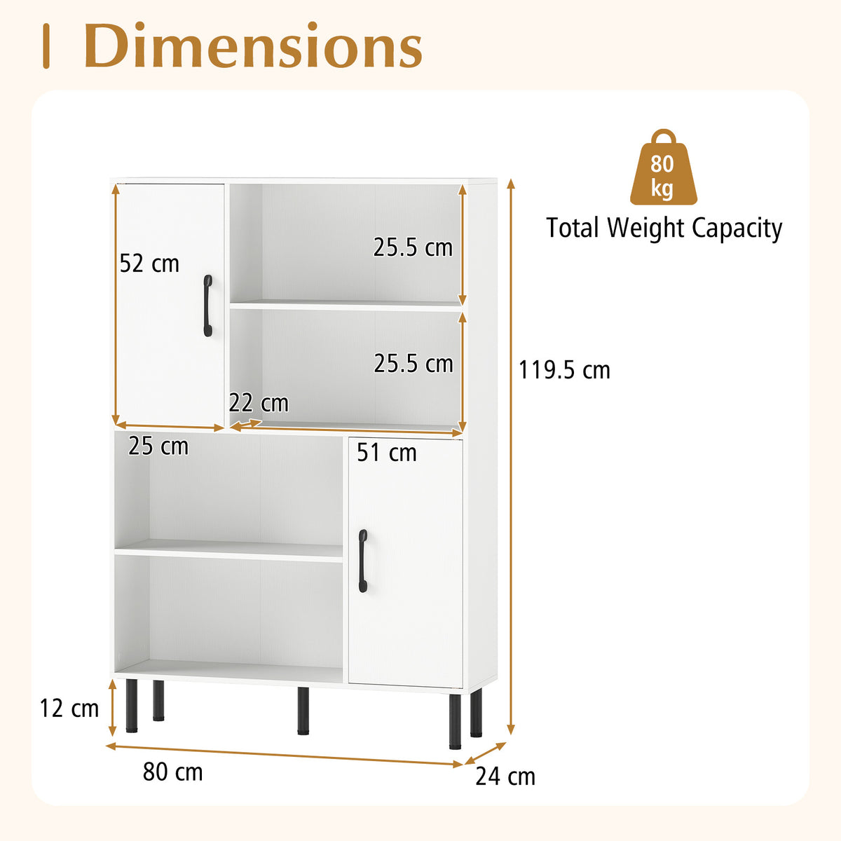 Cube Storage Cabinet with Metal Legs and Anti-topping Kits-White