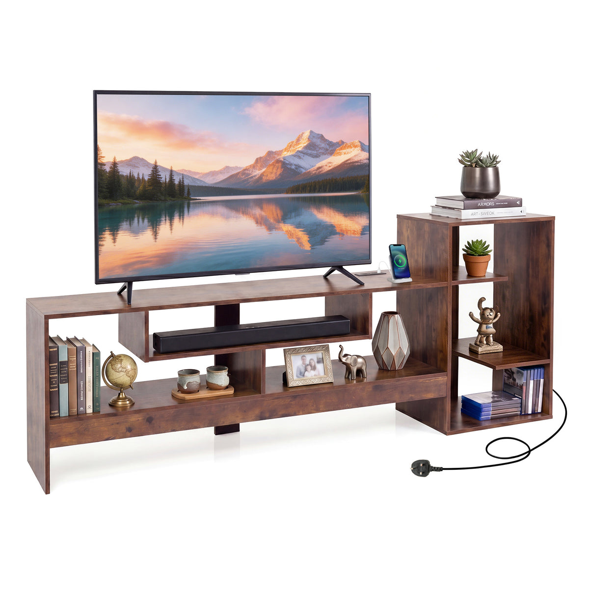 Cube TV Stand for 55 Inch TV with Power Outlets & Open Shelves for Living Room Bedroom-Rustic Brown