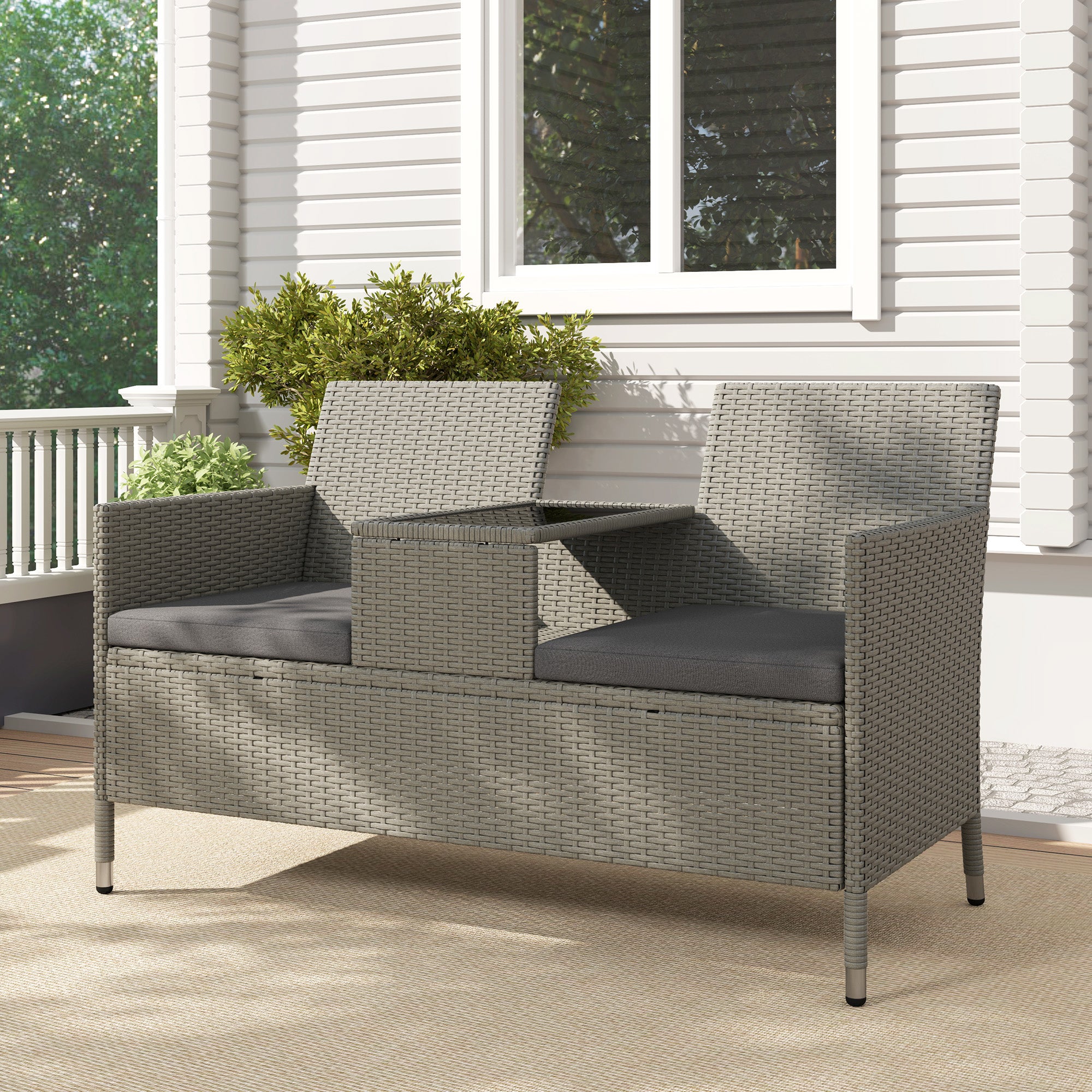 Outsunny 2-Seater PE Rattan Outdoor Garden Bench w/ Centre Table Grey