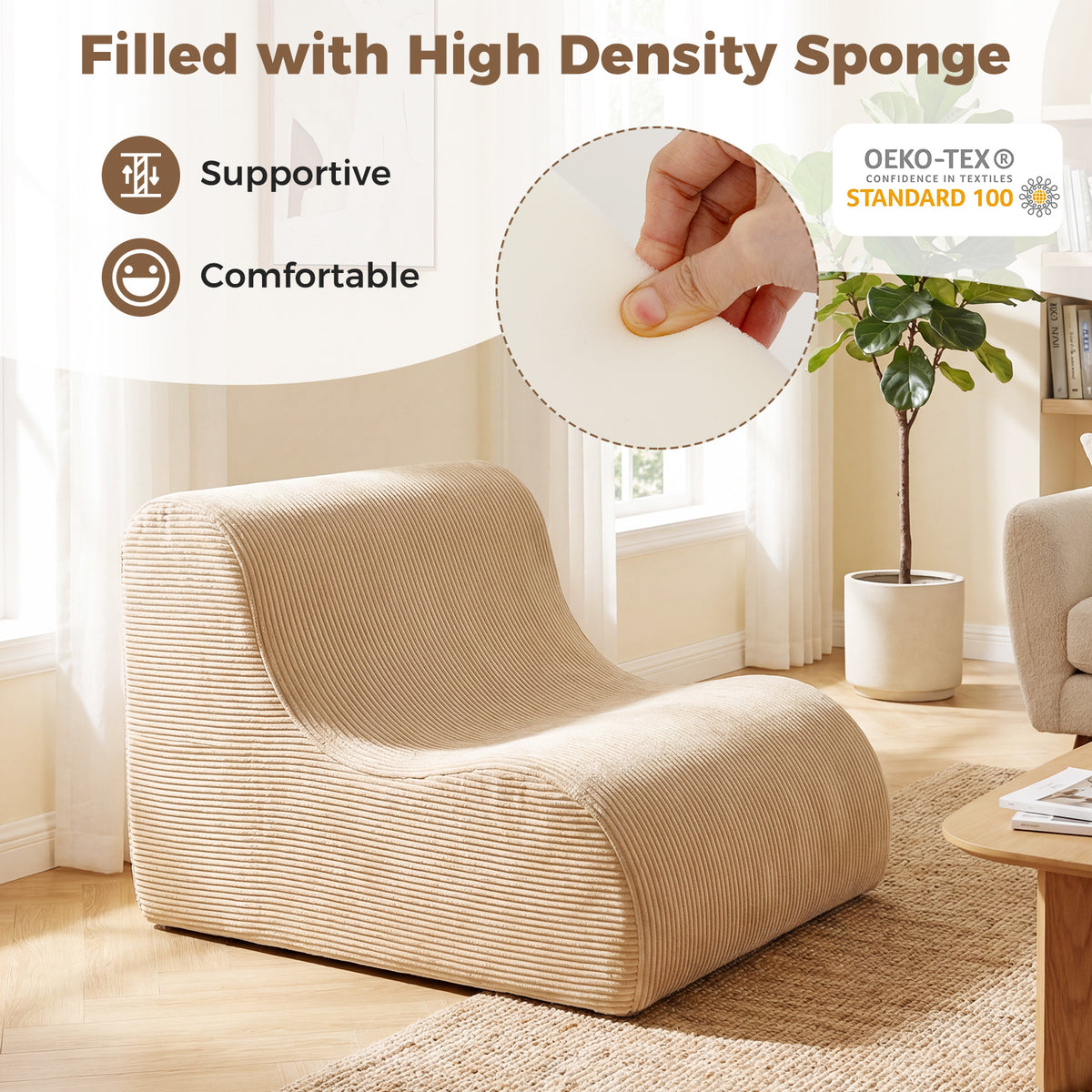 Curved Lazy Floor Sofa with Machine-washable Cover and Anti-slip Bottom-Beige