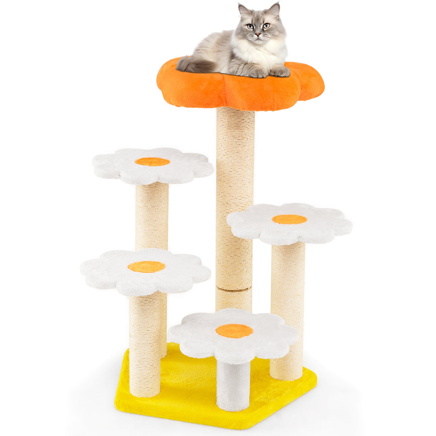 Cute Flower Cat Tree Kitty Tower with Sisal Scratching Posts-Yellow