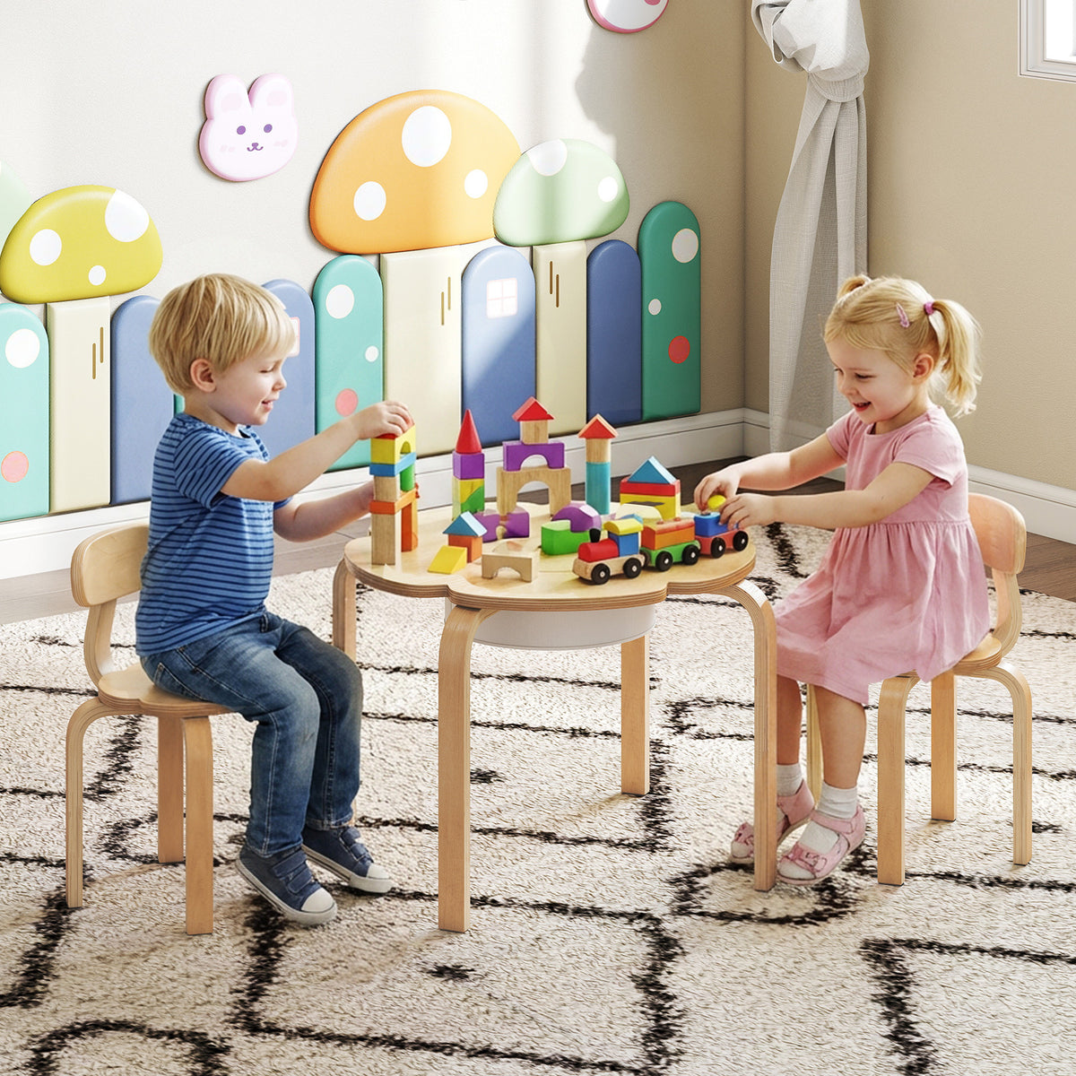 Cute Flower-Shaped Kids Table and 2 Chairs Set with Fabric Storage Bin-Natural