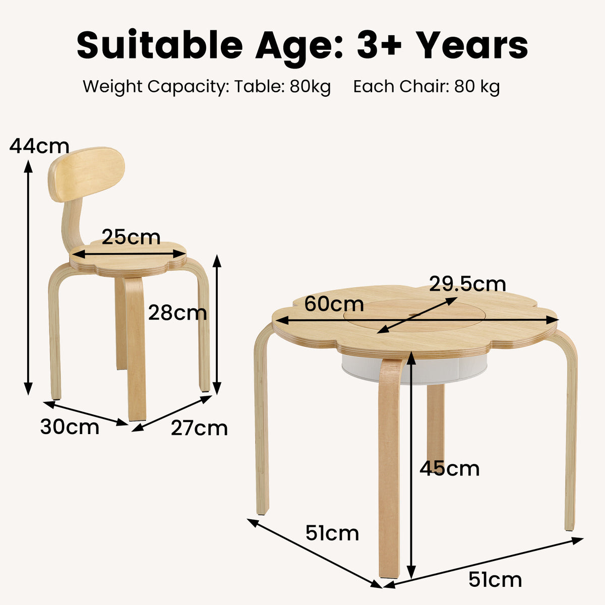 Cute Flower-Shaped Kids Table and 2 Chairs Set with Fabric Storage Bin-Natural