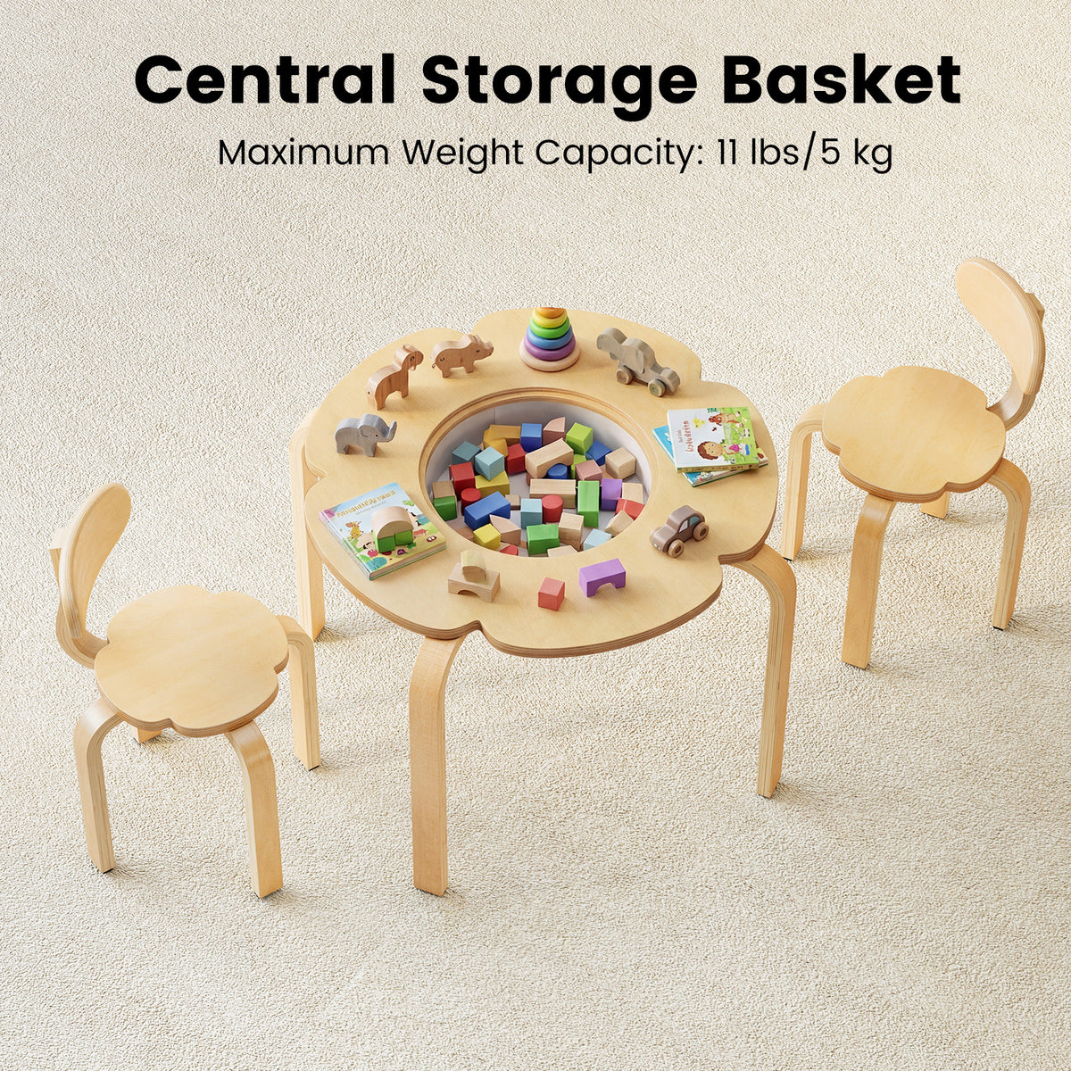 Cute Flower-Shaped Kids Table and 2 Chairs Set with Fabric Storage Bin-Natural