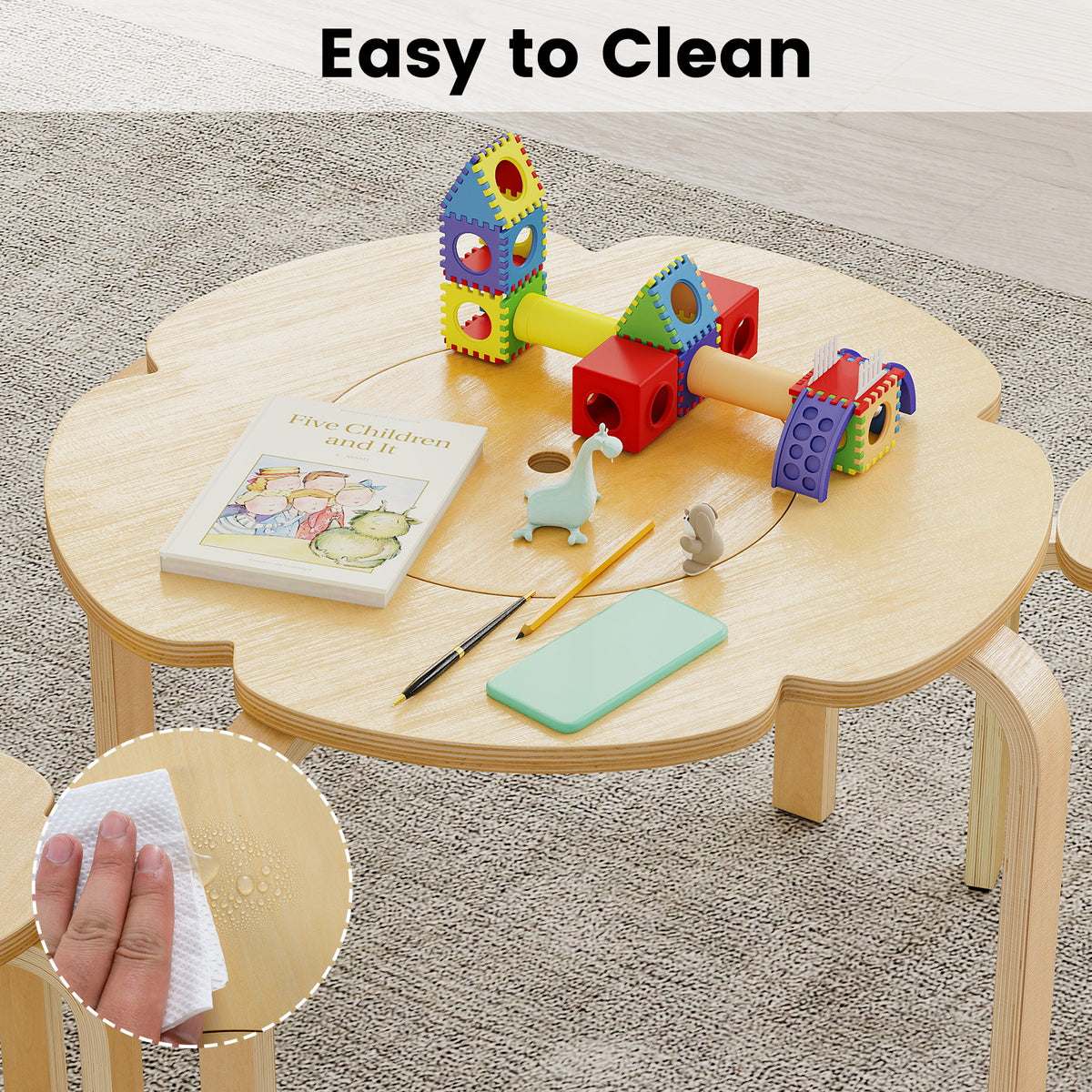 Cute Flower-Shaped Kids Table and 2 Chairs Set with Fabric Storage Bin-Natural