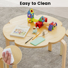 Cute Flower-Shaped Kids Table and 2 Chairs Set with Fabric Storage Bin-Natural