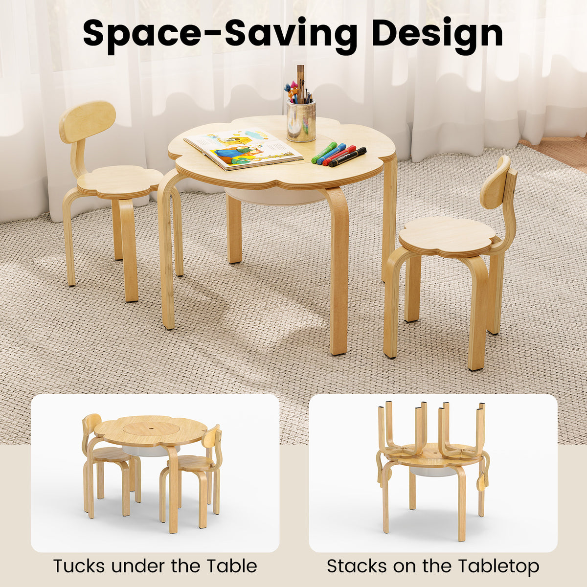Cute Flower-Shaped Kids Table and 2 Chairs Set with Fabric Storage Bin-Natural