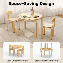 Cute Flower-Shaped Kids Table and 2 Chairs Set with Fabric Storage Bin-Natural