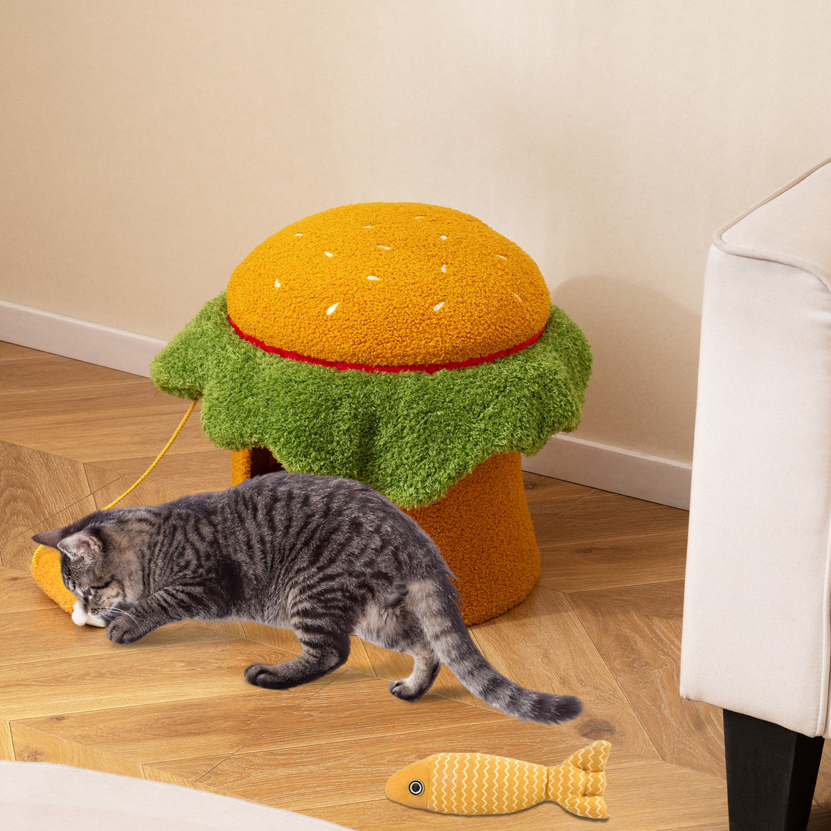 Cute Hamburger Cat Bed with Padded Top and Removable Washable Cushion-Orange