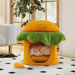 Cute Hamburger Cat Bed with Padded Top and Removable Washable Cushion-Orange