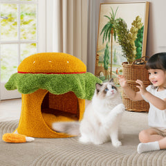 Cute Hamburger Cat Bed with Padded Top and Removable Washable Cushion-Orange