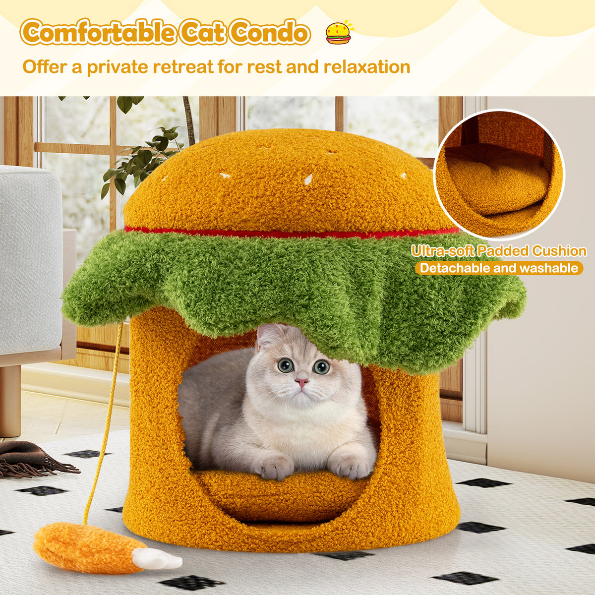 Cute Hamburger Cat Bed with Padded Top and Removable Washable Cushion-Orange