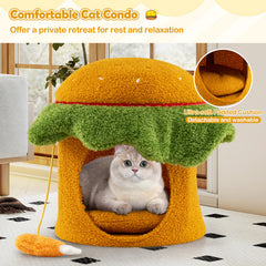 Cute Hamburger Cat Bed with Padded Top and Removable Washable Cushion-Orange