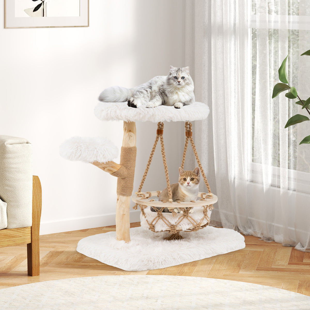 Cute Solid Wood Cat Tree Natural Branch Modern Kitten Tower-White