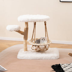 Cute Solid Wood Cat Tree Natural Branch Modern Kitten Tower-White