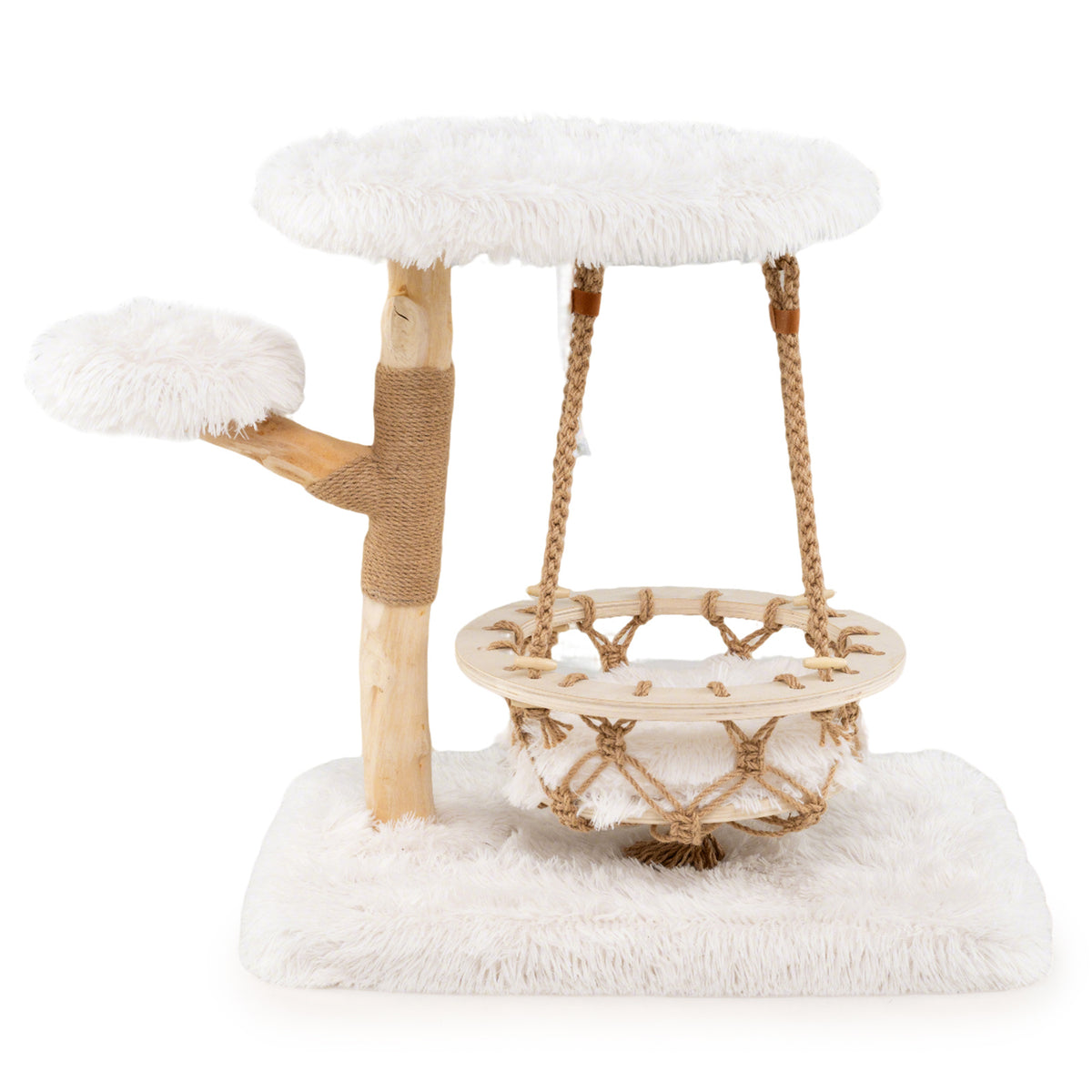 Cute Solid Wood Cat Tree Natural Branch Modern Kitten Tower-White