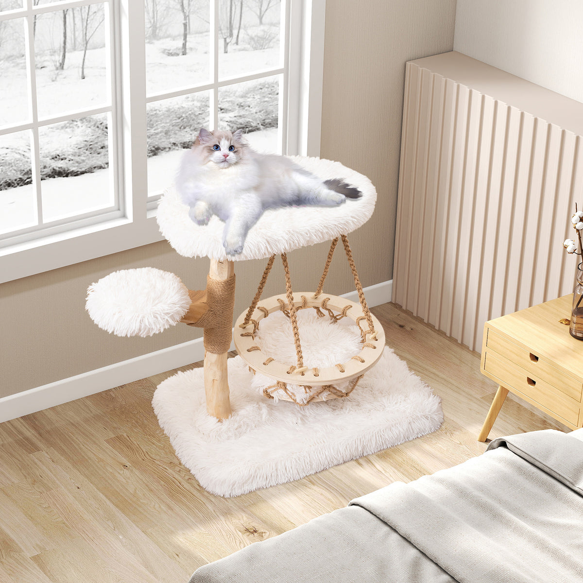 Cute Solid Wood Cat Tree Natural Branch Modern Kitten Tower-White