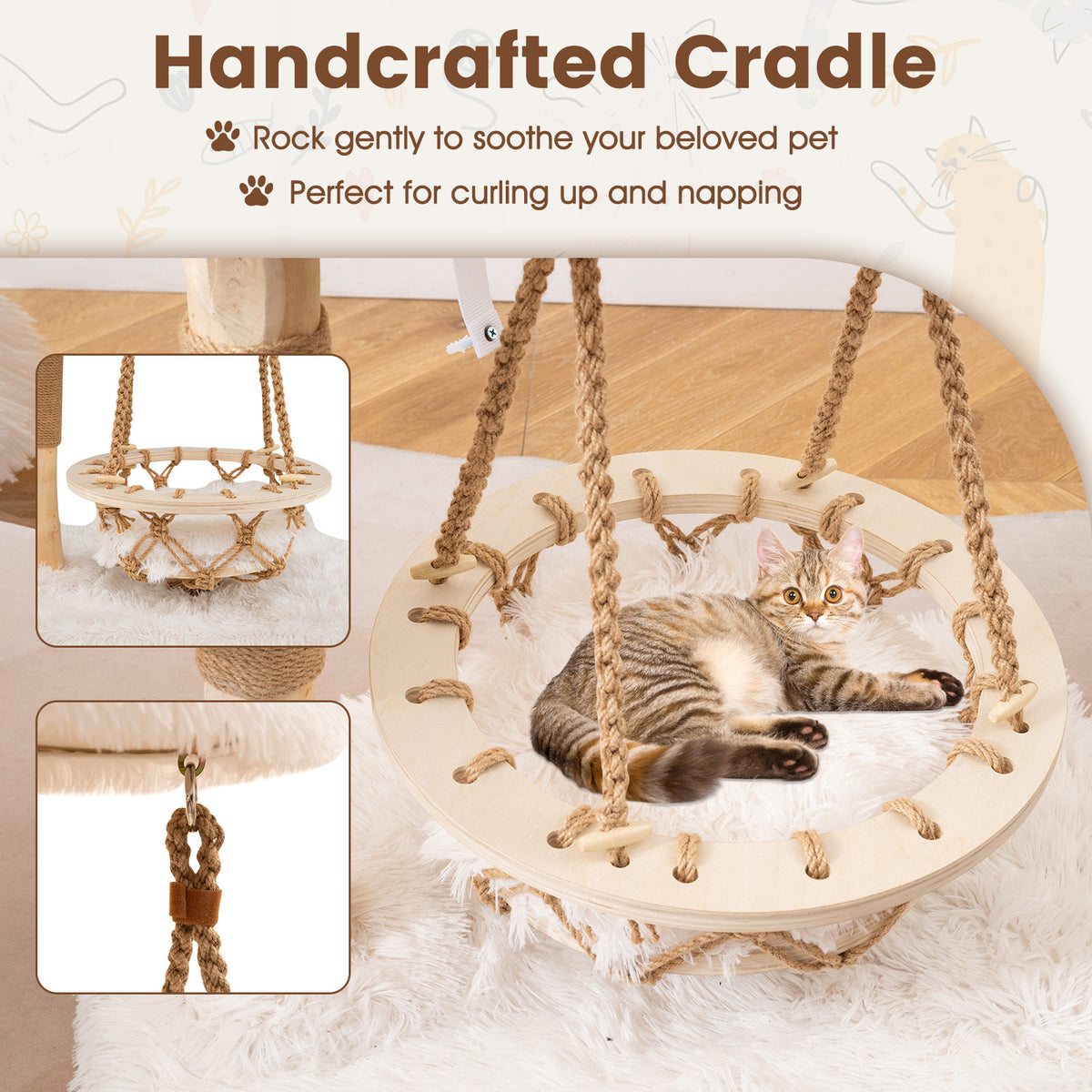Cute Solid Wood Cat Tree Natural Branch Modern Kitten Tower-White