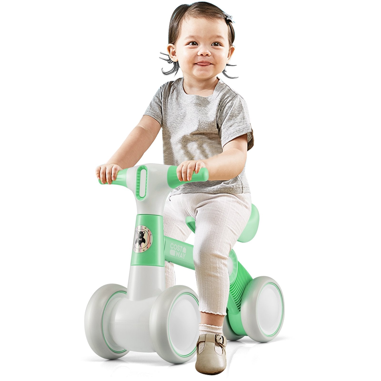 Cute Baby Balance Bike 4 Wheels with Steering Handlebars No Pedal-Green