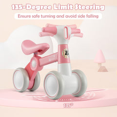 Pink balance bike with steering angle limit shown