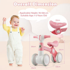 Pink balance bike with dimensions shown for height, length and seat height