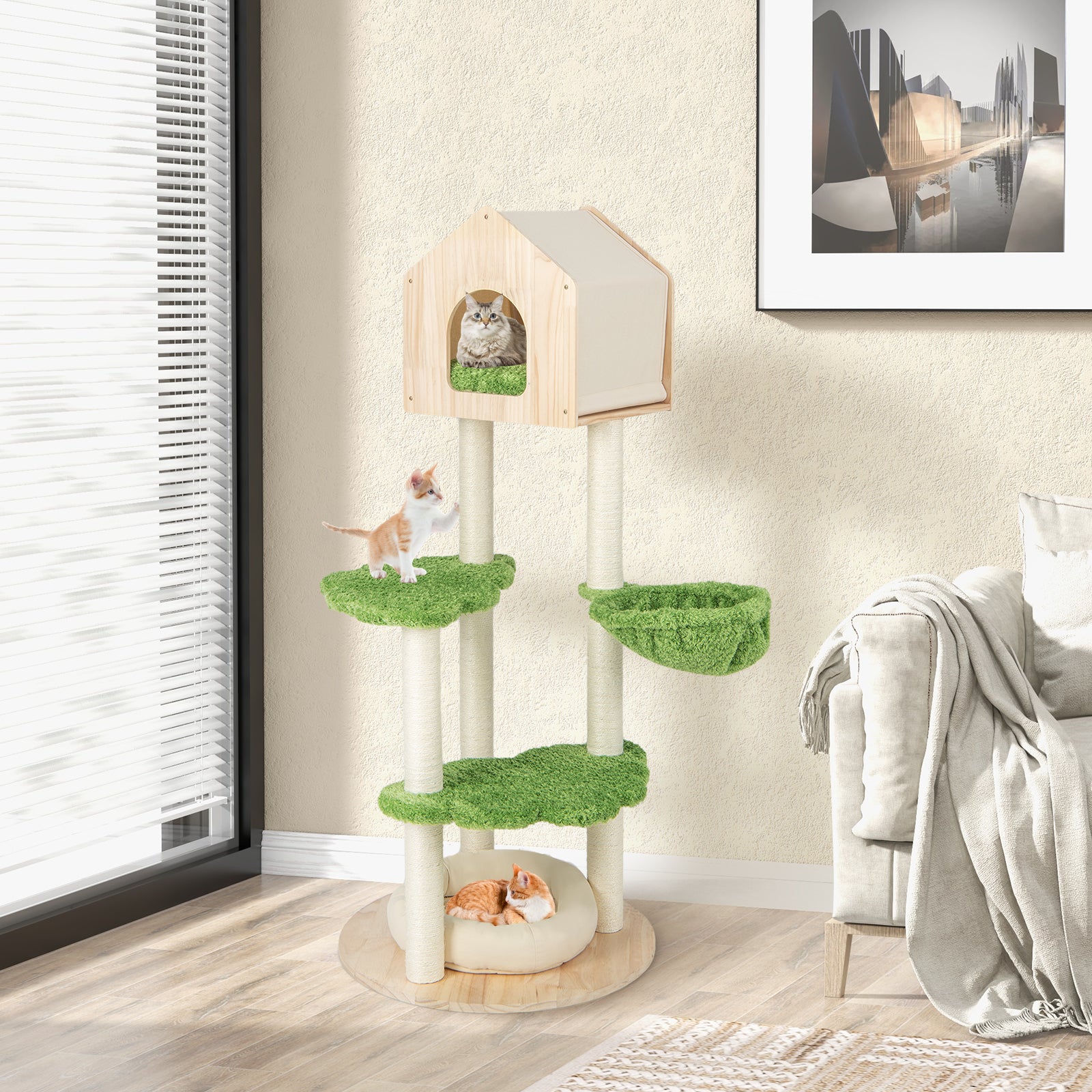 Wooden Cat Tree with Sisal Scratching Posts-Green