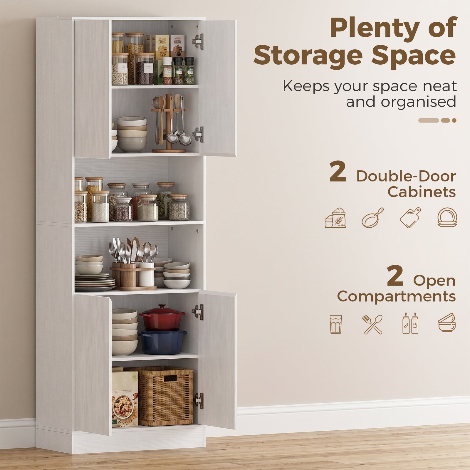 HOMCOM 170 cm Kitchen Pantry Cabinet, Freestanding Storage Cabinet with Soft-Close Hinges, White Wood Effect
