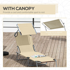 Outsunny Folding Sun Lounger with Canopy, Reclining Sunbed with 4-Position Adjustable Backrest, 600D Oxford Cloth, Portable Garden Lounger Recliner Chair for Beach, Camping, Patio, Beige