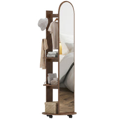HOMCOM 2-in-1 Full Length Mirror with Storage Shelves, Floor Mirror with 4 Wheels, Coat Rack, Hooks, Brown Wood Effect